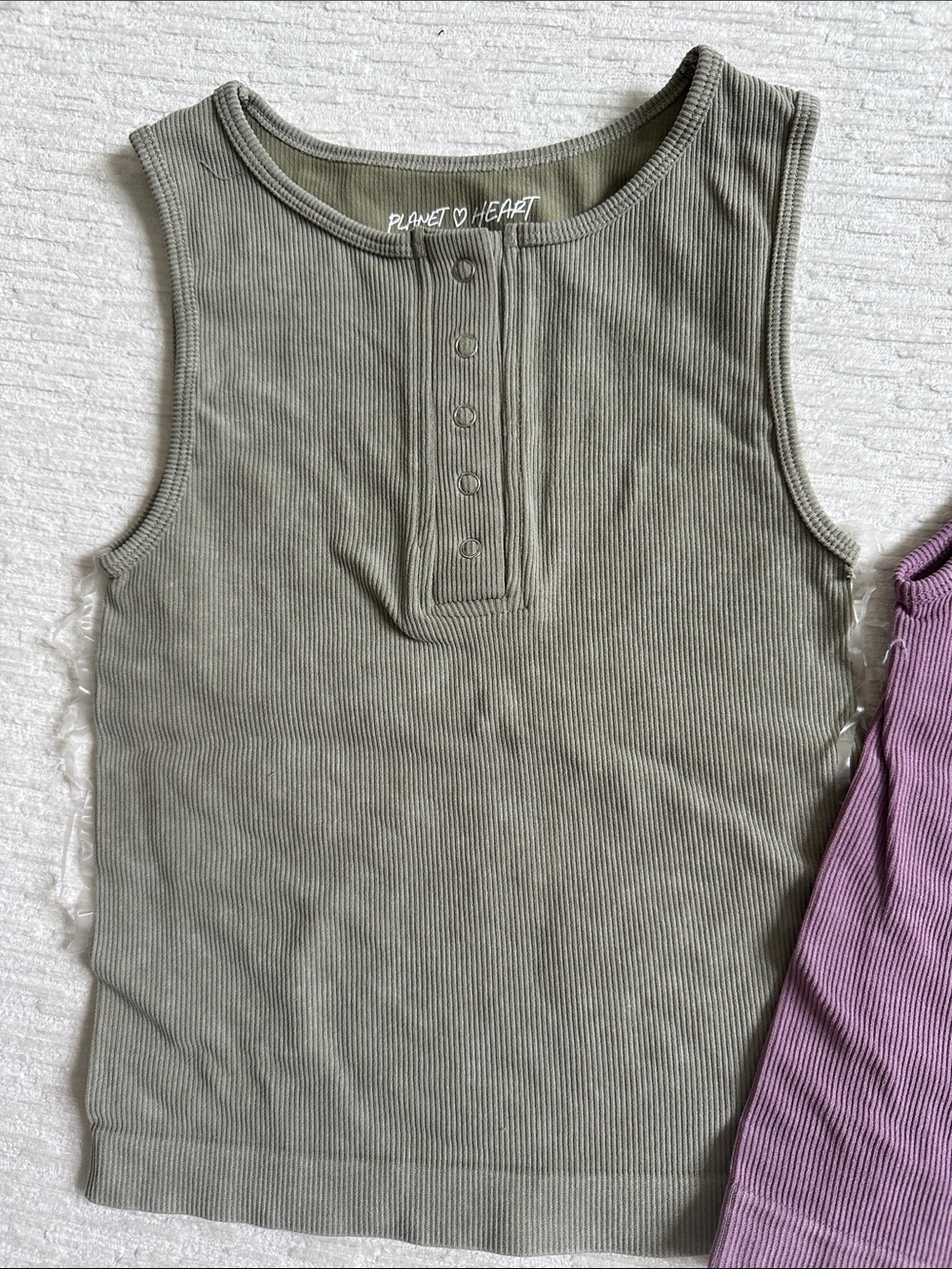 Womens Ribbed Henley Tank Top - Olive & Mauve - Picture 2 of 3